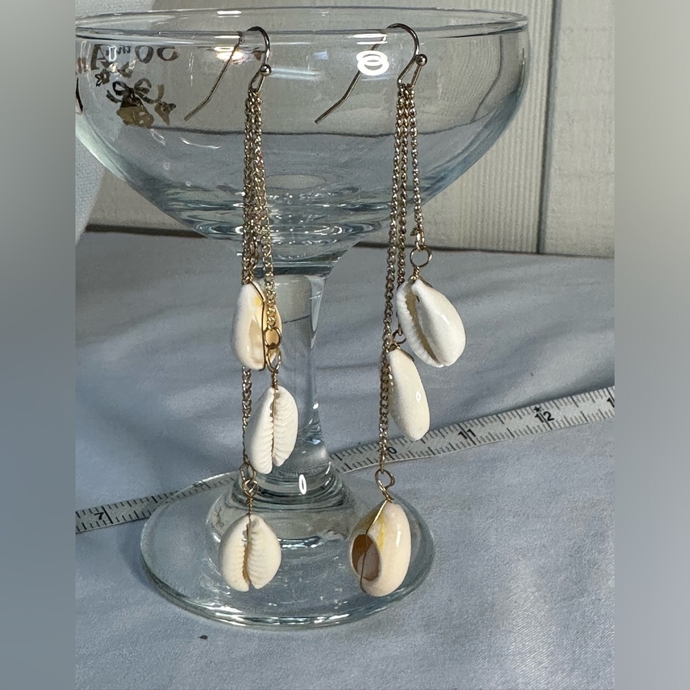 Three chain dangle cowrie shell earrings